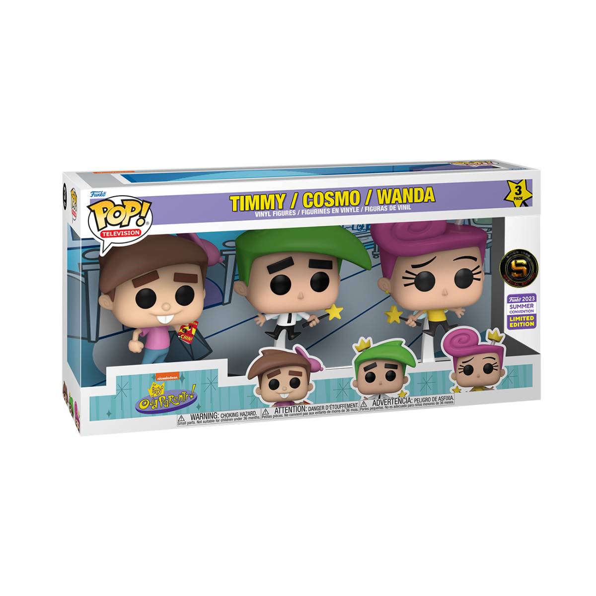 FUNKO POP TV NICKELODEON FAIRLY ODD PARENTS COSMO TIMMY WANDA 3 PACK SDCC 2023 EXCLUSIVO SAHARIS